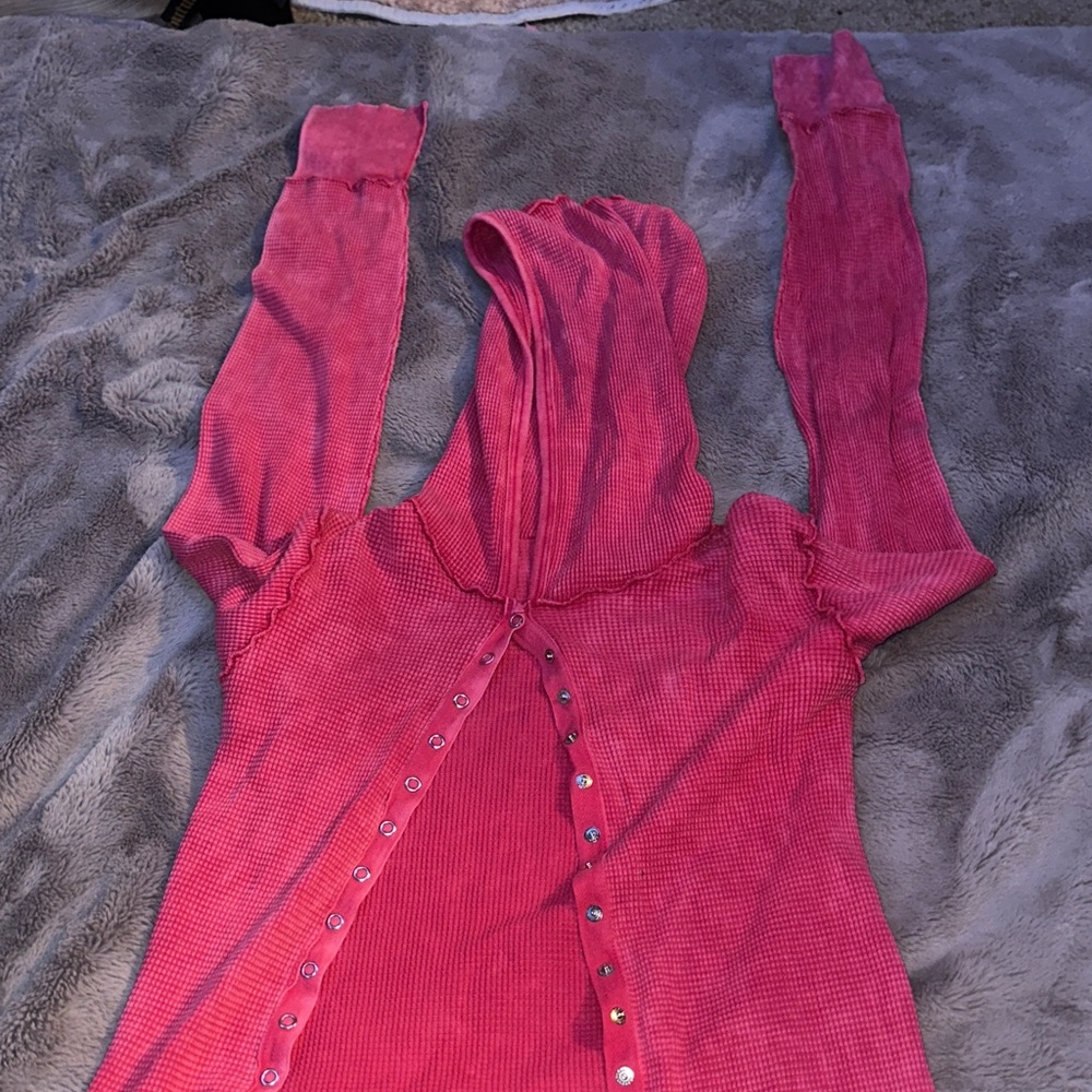 Women's Pink Button-Up Hooded Top